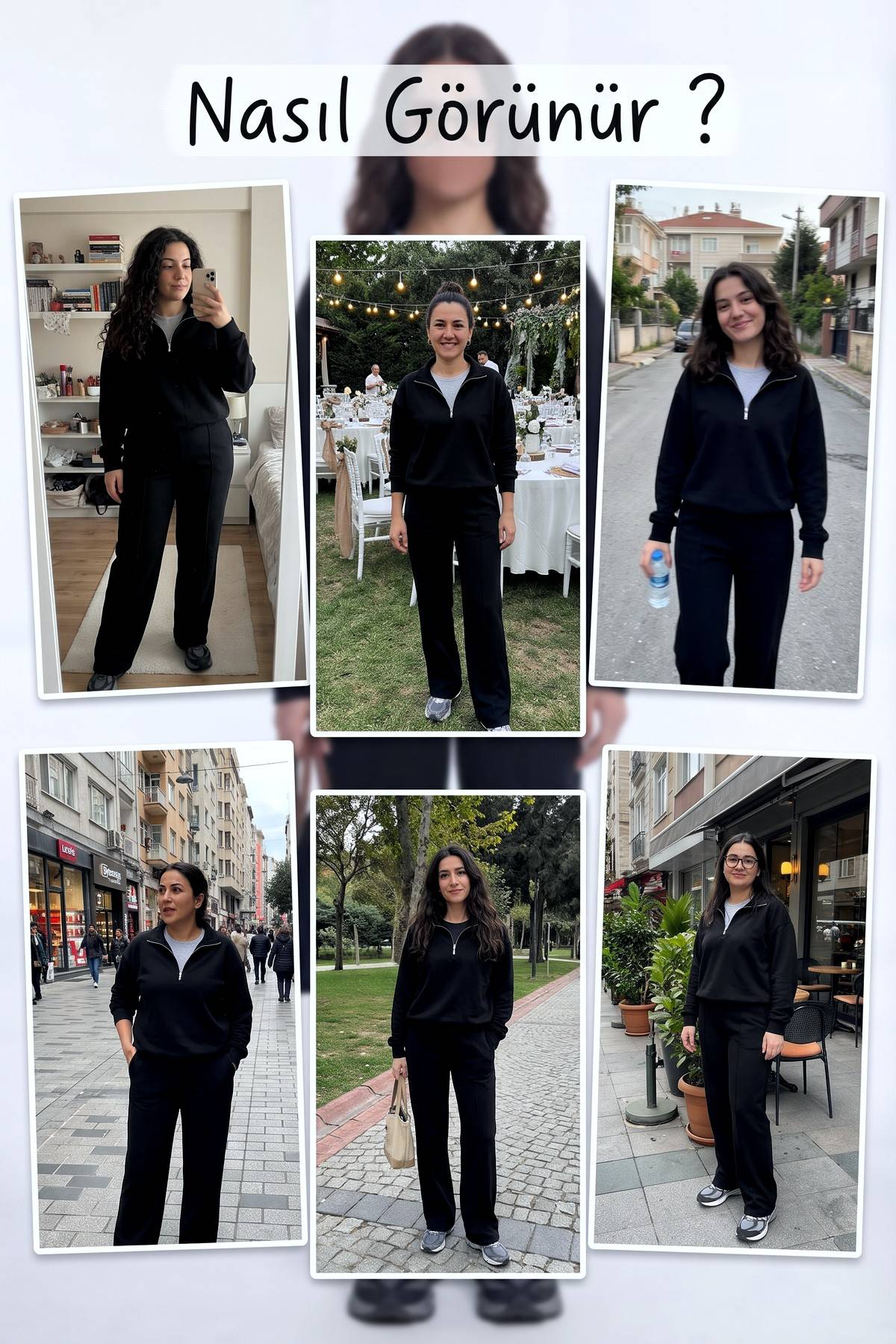 Farklı mekanlarda giyilmiş The ZKS siyah yarım fermuarlı geniş paça ikili takım kombinleri kolajı