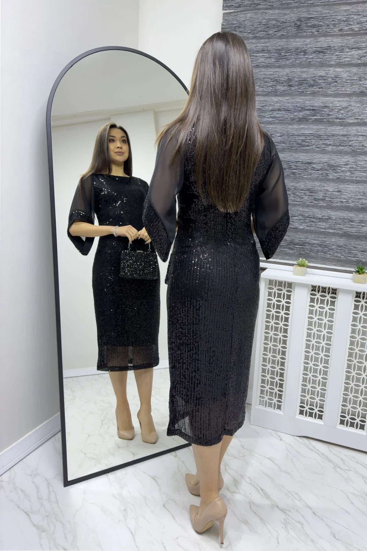 Kadın Siyah Midi Boy Pulpayet Şifon Tasarım Yarım Kol Büyük Beden Abiye Elbise

