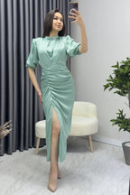 Kadın Saten Balon Kol Drapeli Yırtmaç Detaylı Abiye Elbise-Su Yeşili

