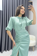 Kadın Saten Balon Kol Drapeli Yırtmaç Detaylı Abiye Elbise-Su Yeşili

