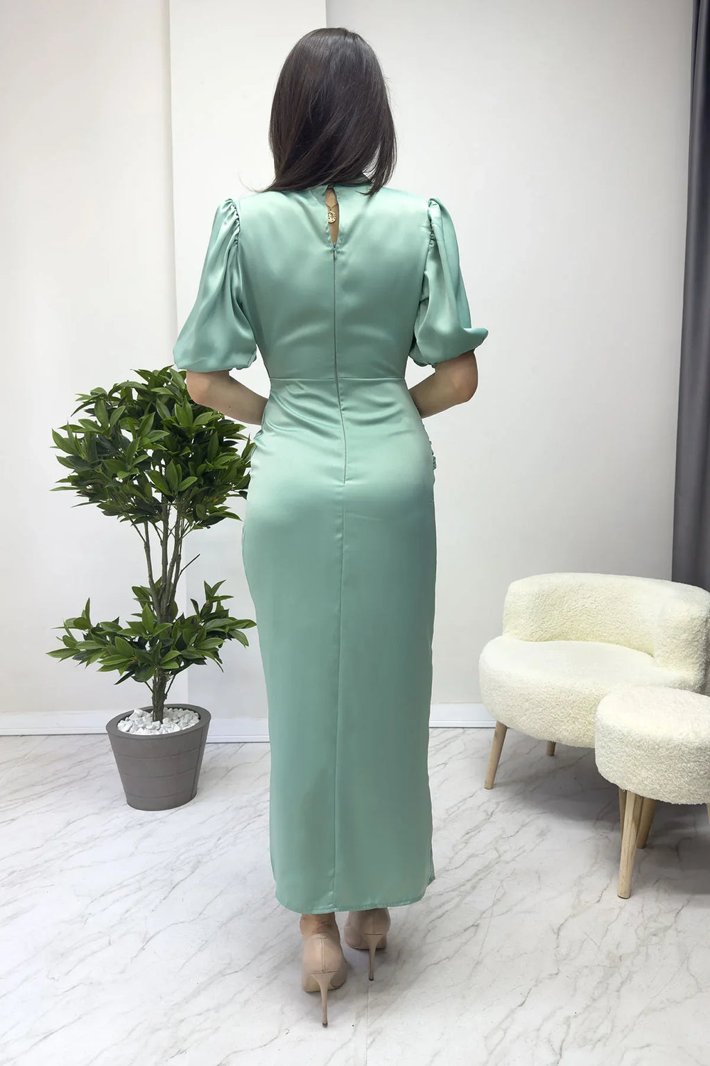 Kadın Saten Balon Kol Drapeli Yırtmaç Detaylı Abiye Elbise-Su Yeşili

