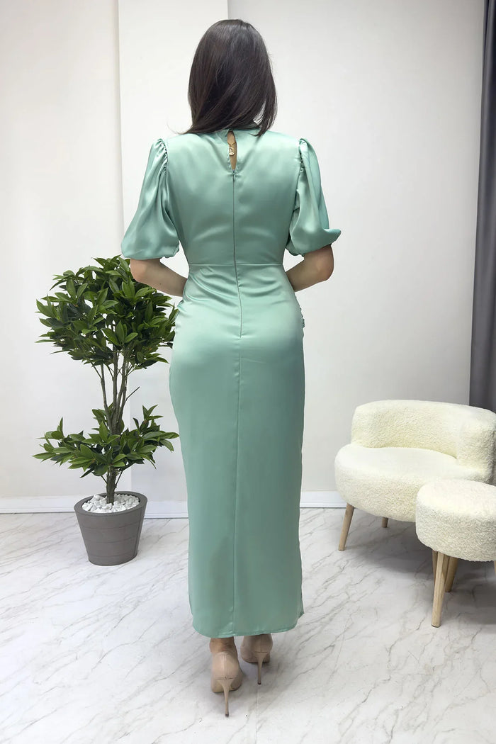 Kadın Saten Balon Kol Drapeli Yırtmaç Detaylı Abiye Elbise-Su Yeşili

