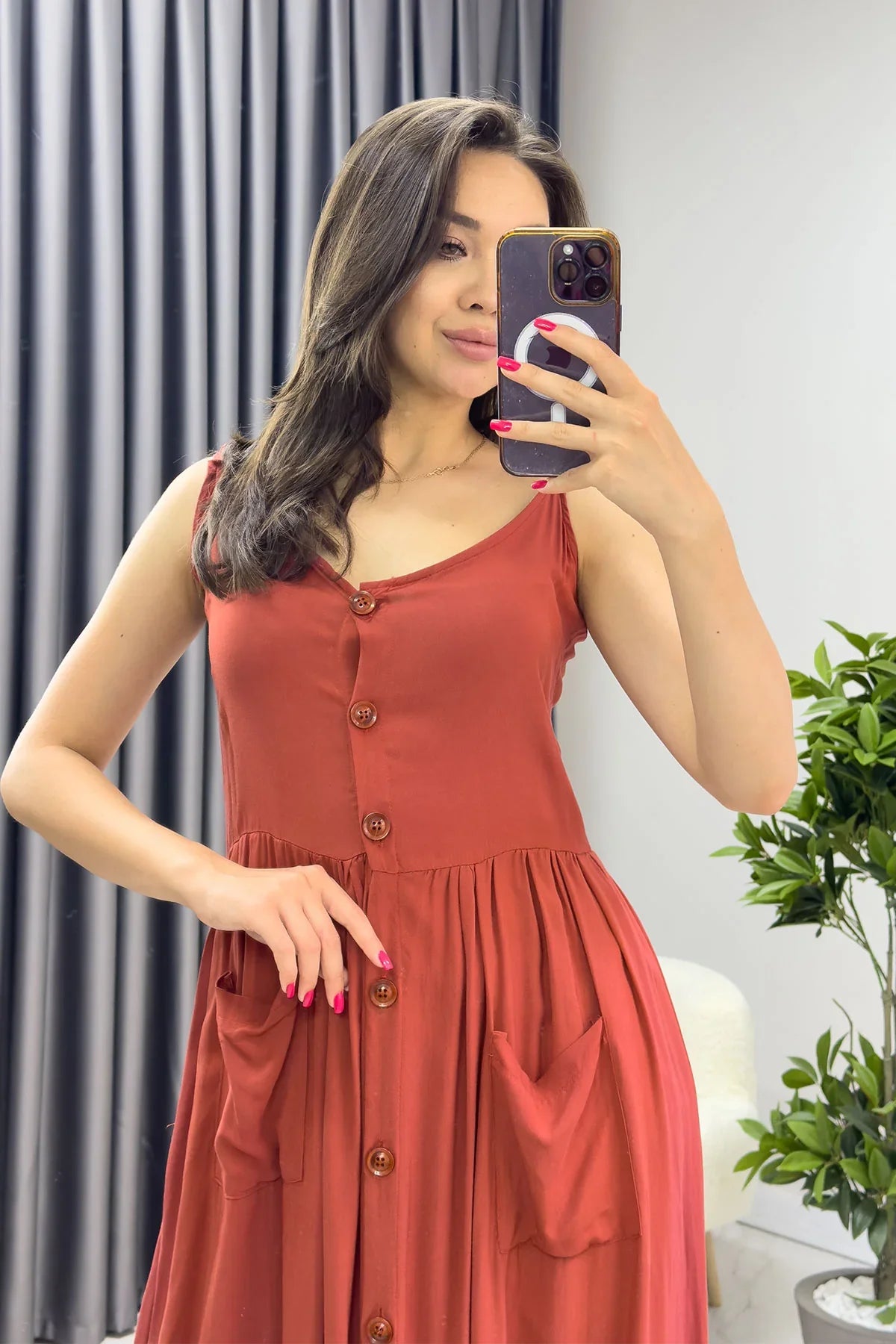 Askılı Penye Kiremit Elbise