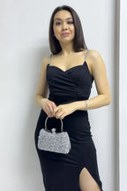 Siyah Taş Askı Yırtmaçlı Krep Elbise

