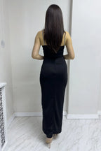 Siyah Taş Askı Yırtmaçlı Krep Elbise

