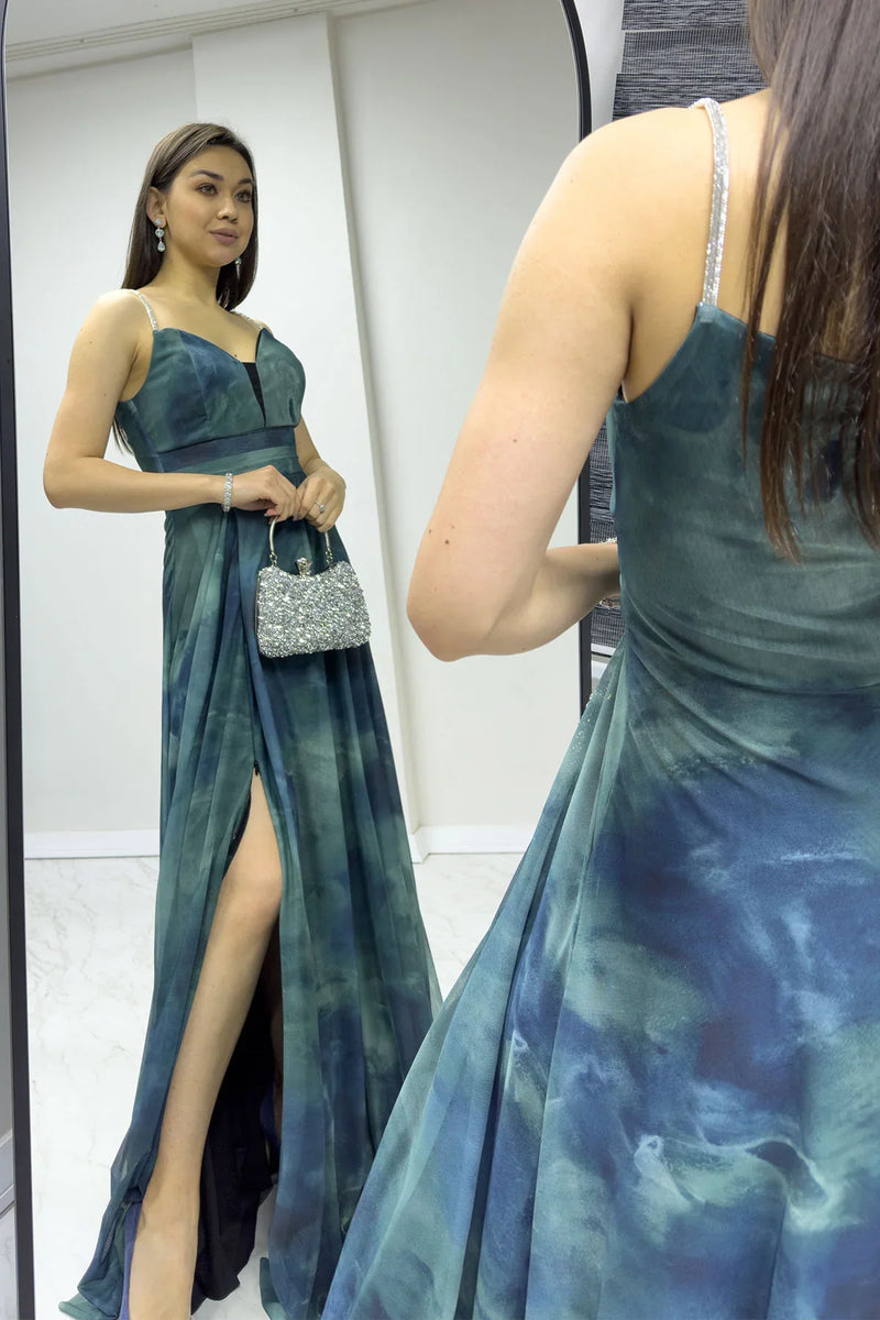 Kadın Turkuaz Batik Taş Askılı Ayarlanabilir Yırtmaçlı Büyük Beden Abiye Elbise

