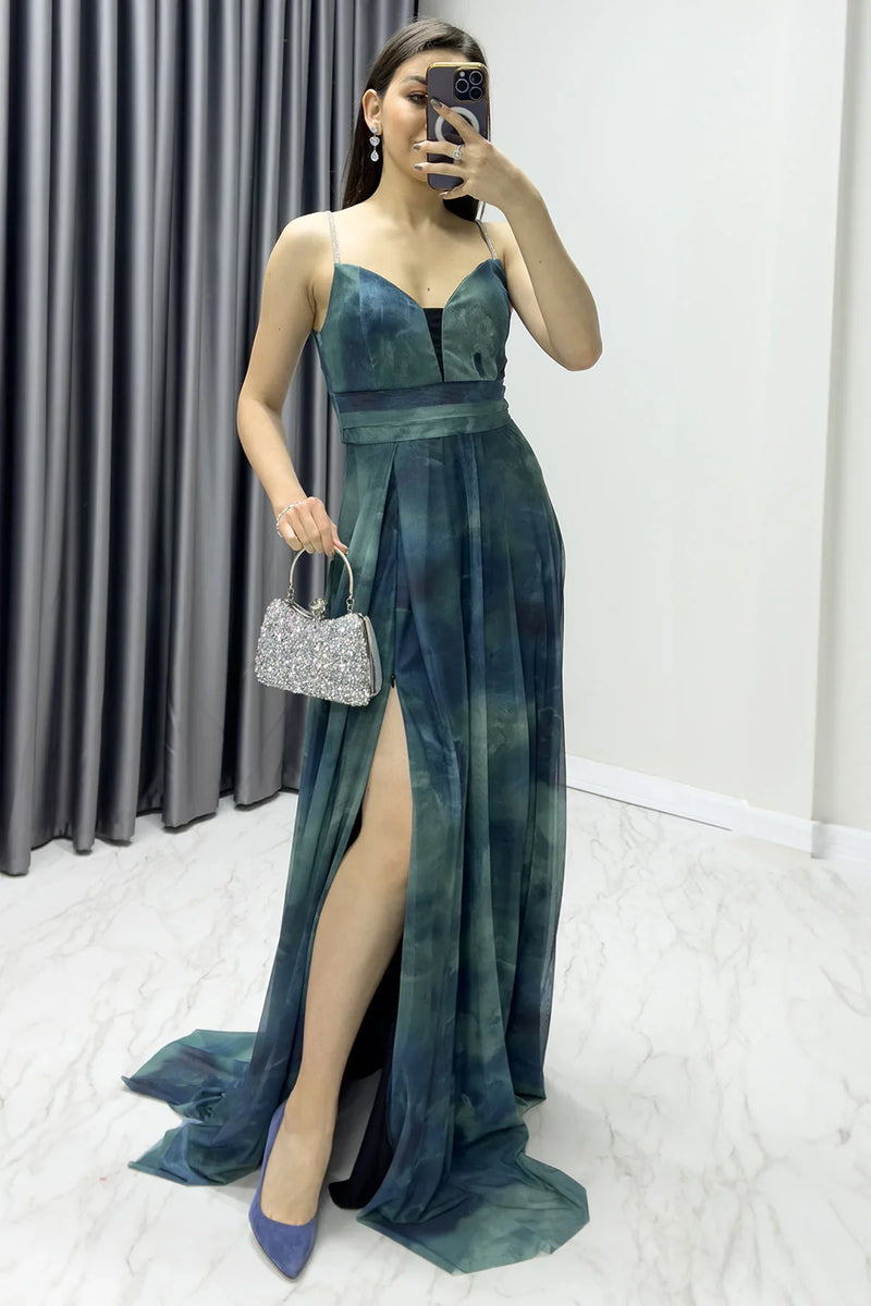 Kadın Turkuaz Batik Taş Askılı Ayarlanabilir Yırtmaçlı Büyük Beden Abiye Elbise

