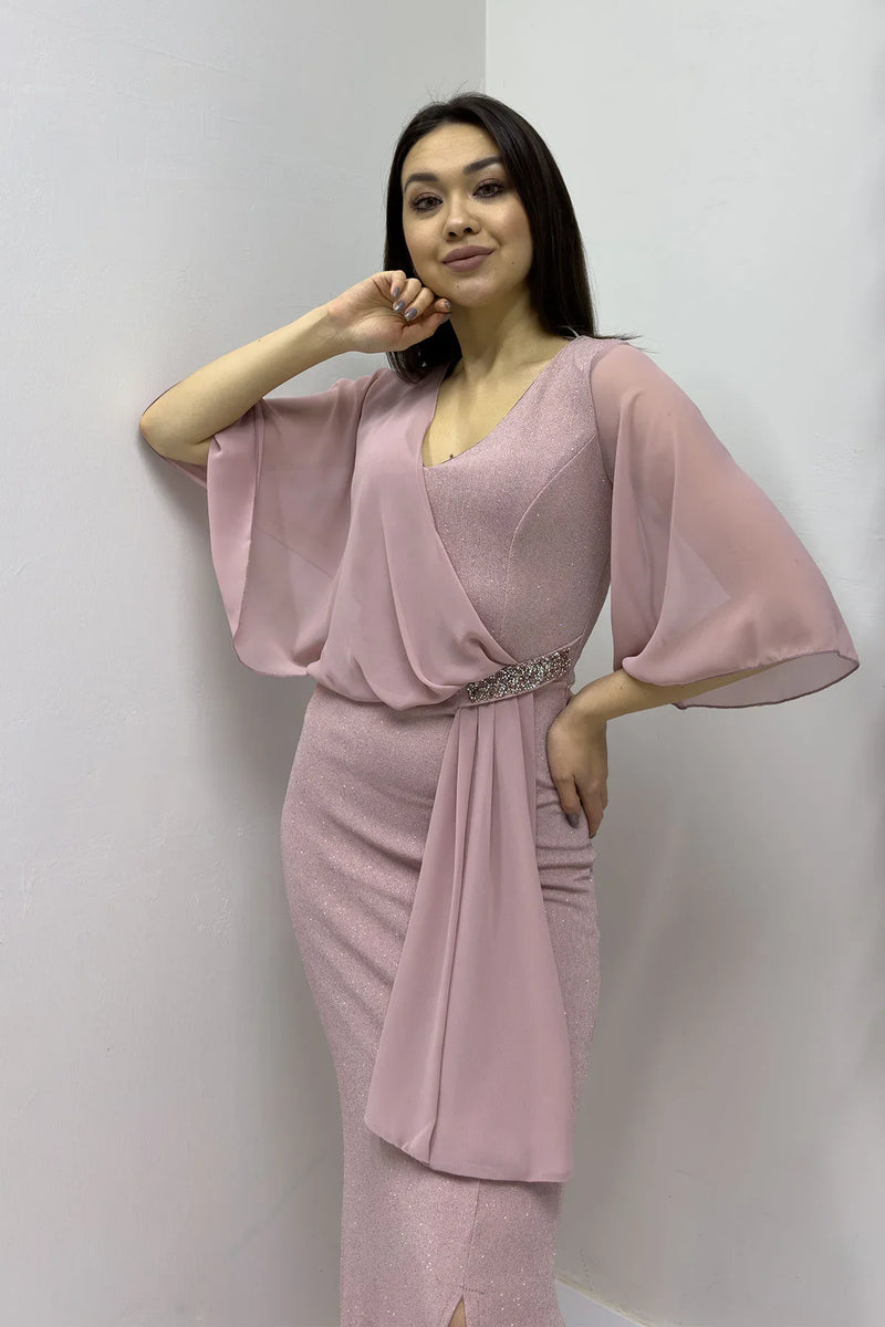 Pudra Taş Detaylı Volan Kol Simli Abiye Elbise

