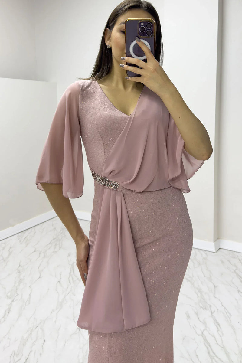 Pudra Taş Detaylı Volan Kol Simli Abiye Elbise

