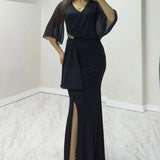 Siyah Taş Detaylı Volan Kol Simli Abiye Elbise