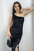 Siyah Tek Omuz Payet Yırtmaçlı Balık Abiye Elbise