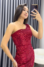 Kırmızı Tek Omuz Payet Yırtmaçlı Balık Abiye Elbise