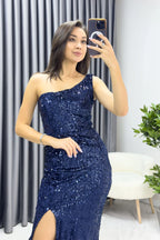 Lacivert Tek Omuz Payet Yırtmaçlı Balık Abiye Elbise