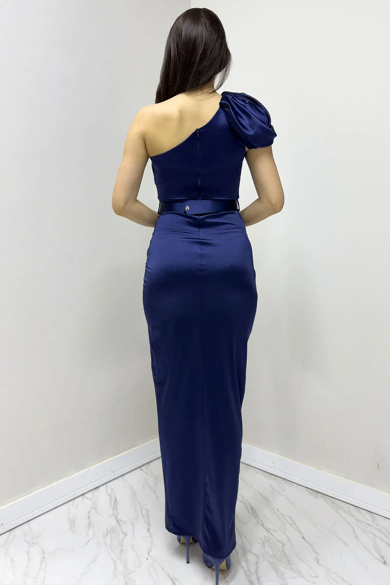 Lacivert Omuz Detay Drapeli Taş Kemerli Saten Abiye Elbise

