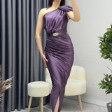 Mor Omuz Detay Drapeli Taş Kemerli Saten Abiye Elbise