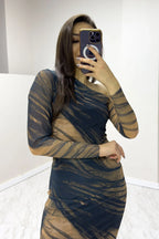 Siyah Tek Omuz Kahverengi Desenli Likralı Tül Elbise

