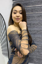 Siyah Tek Omuz Kahverengi Desenli Likralı Tül Elbise

