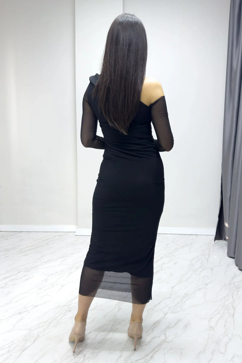 Siyah Tek Omuz Likralı Tül Elbise

