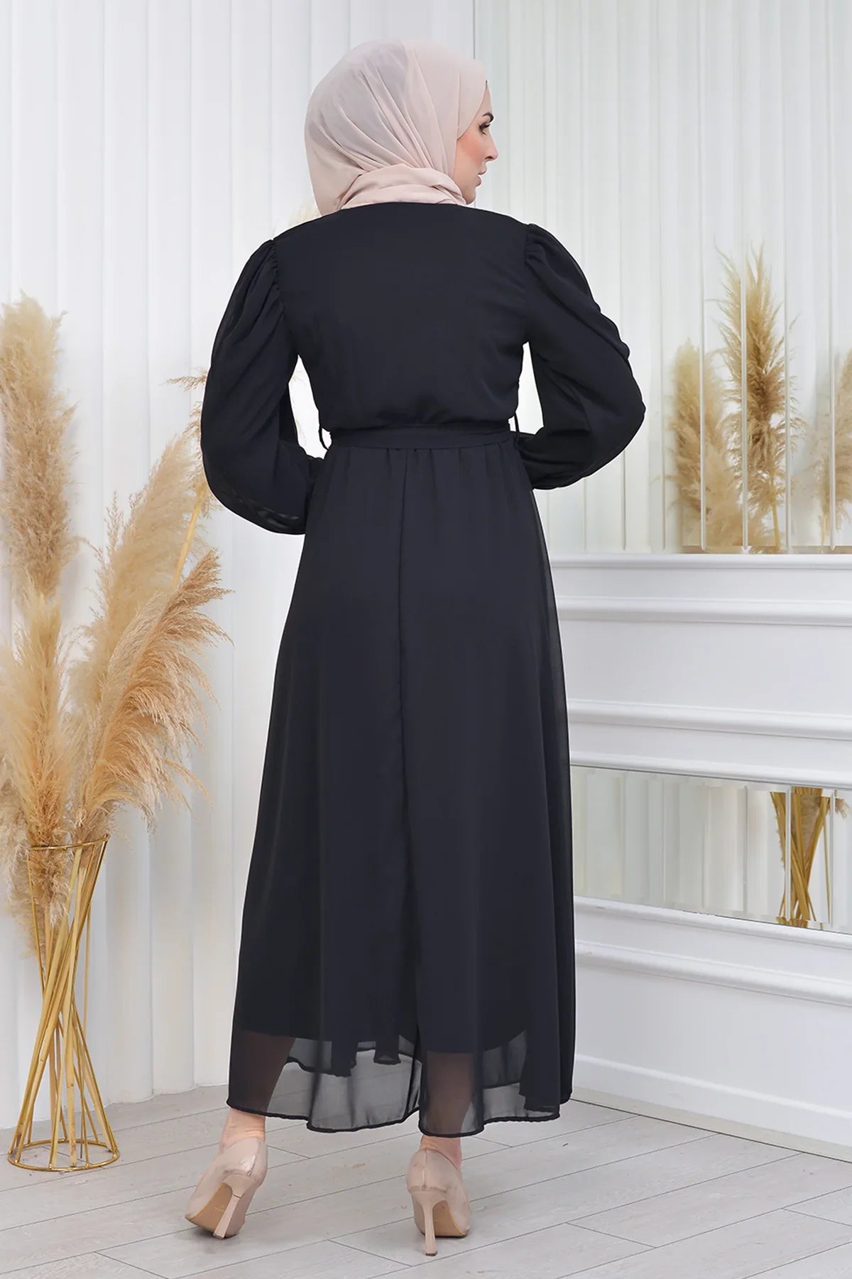 Kadın Siyah Tesettür Astarlı Büyük Beden Şifon Elbise

