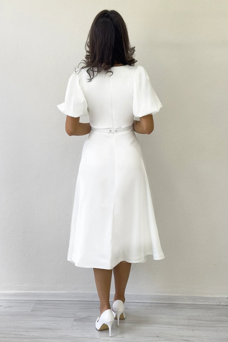 Kadın Beyaz Balon Kol Taş Kemerli Midi Boy Saten Abiye Elbise