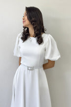 Kadın Beyaz Balon Kol Taş Kemerli Midi Boy Saten Abiye Elbise