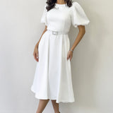 Kadın Beyaz Balon Kol Taş Kemerli Midi Boy Saten Abiye Elbise