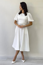 Kadın Beyaz Balon Kol Taş Kemerli Midi Boy Saten Abiye Elbise