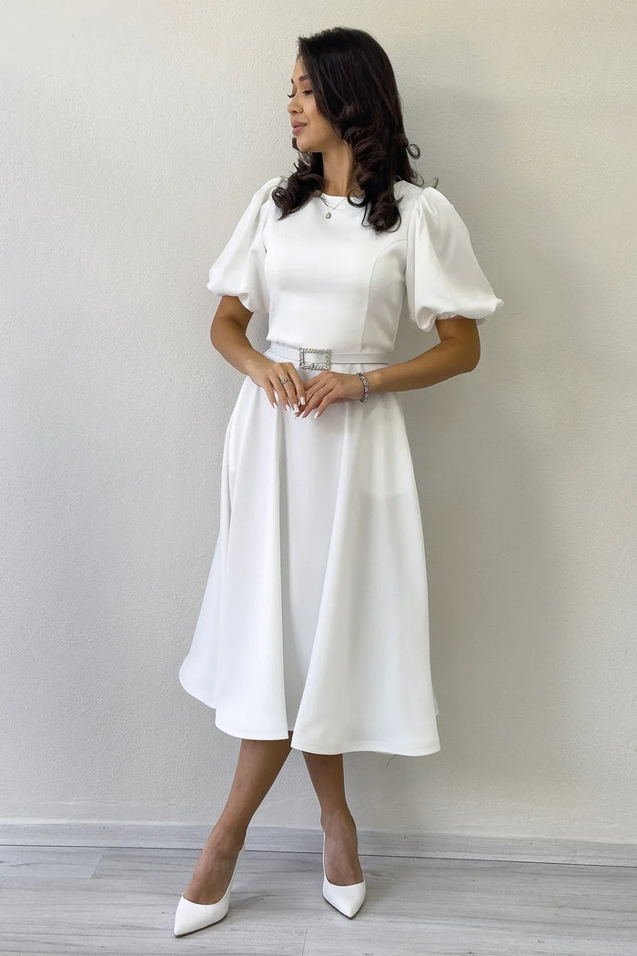 Kadın Beyaz Balon Kol Taş Kemerli Midi Boy Saten Abiye Elbise