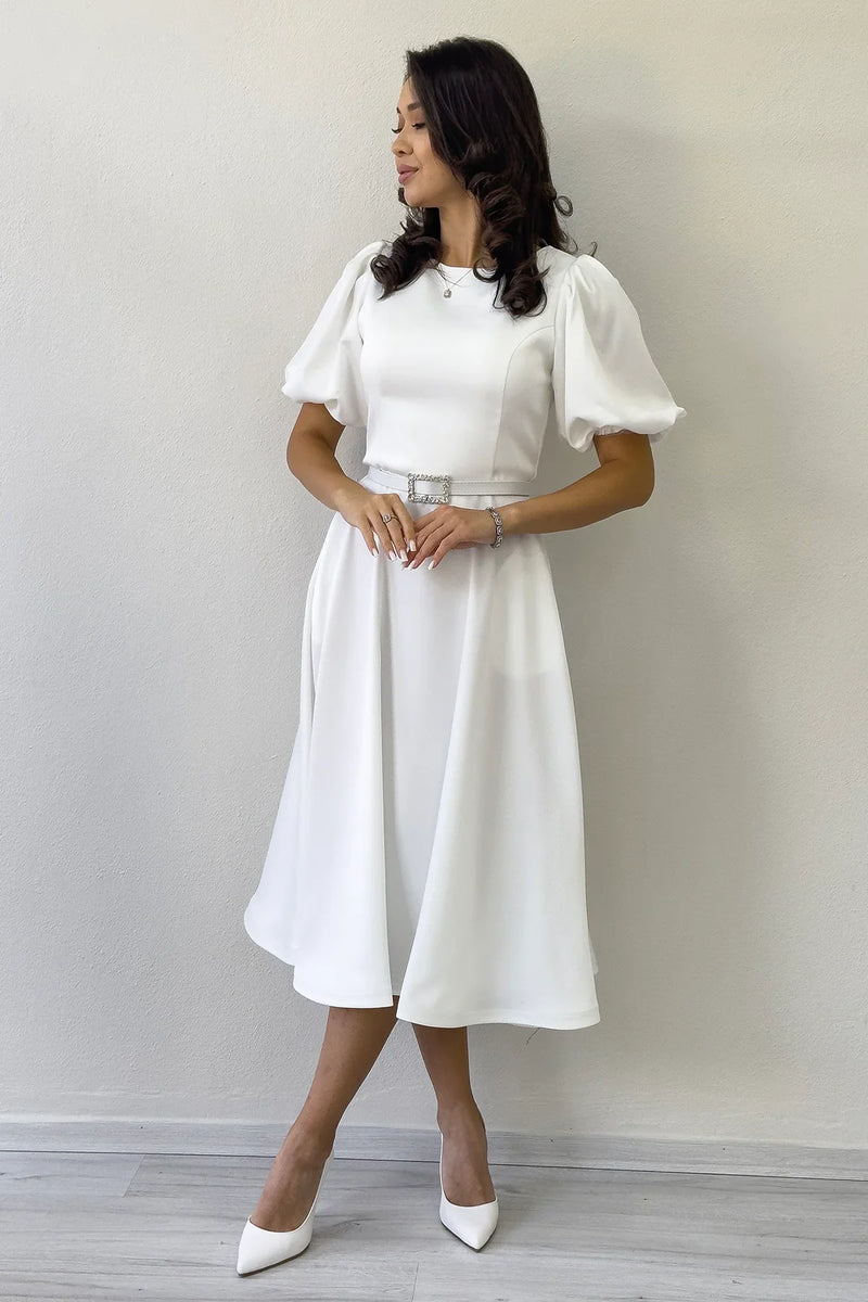 Kadın Beyaz Balon Kol Taş Kemerli Midi Boy Saten Abiye Elbise