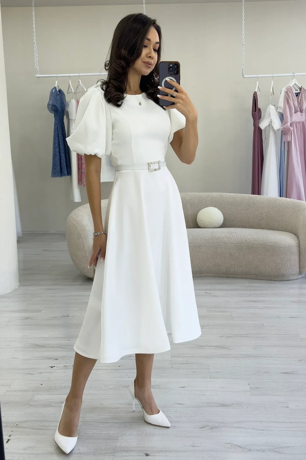 Kadın Beyaz Balon Kol Taş Kemerli Midi Boy Saten Abiye Elbise