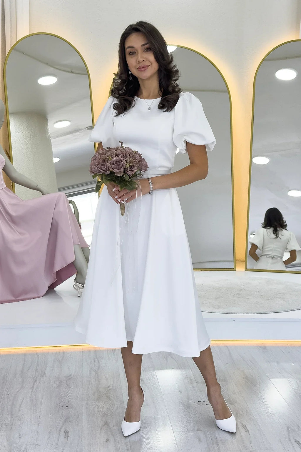 Kadın Beyaz Balon Kol Taş Kemerli Midi Boy Saten Abiye Elbise