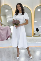 Kadın Beyaz Balon Kol Taş Kemerli Midi Boy Saten Abiye Elbise