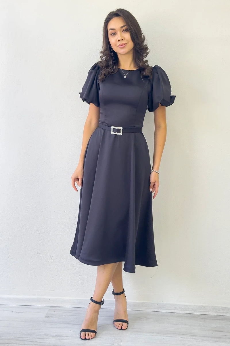 Kadın Siyah Balon Kol Taş Kemerli Midi Boy Saten Abiye Elbise