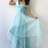 Kadın Su Yeşili  Düşük Omuz Asimetrik Etek Tül Abiye Elbise