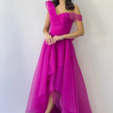 Kadın Fuşya Düşük Omuz Asimetrik Etek Tül Abiye Elbise