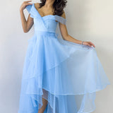 Kadın Bebe Mavi Düşük Omuz Asimetrik Etek Tül Abiye Elbise