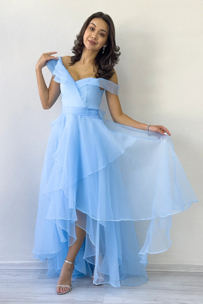 Kadın Bebe Mavi Düşük Omuz Asimetrik Etek Tül Abiye Elbise