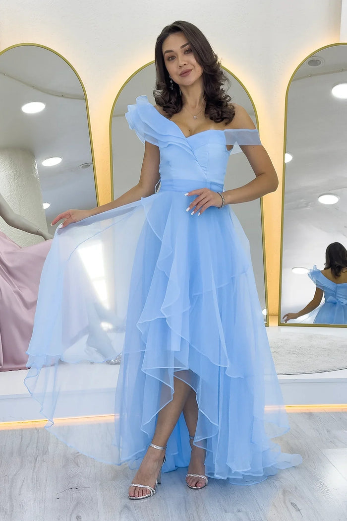 Kadın Bebe Mavi Düşük Omuz Asimetrik Etek Tül Abiye Elbise