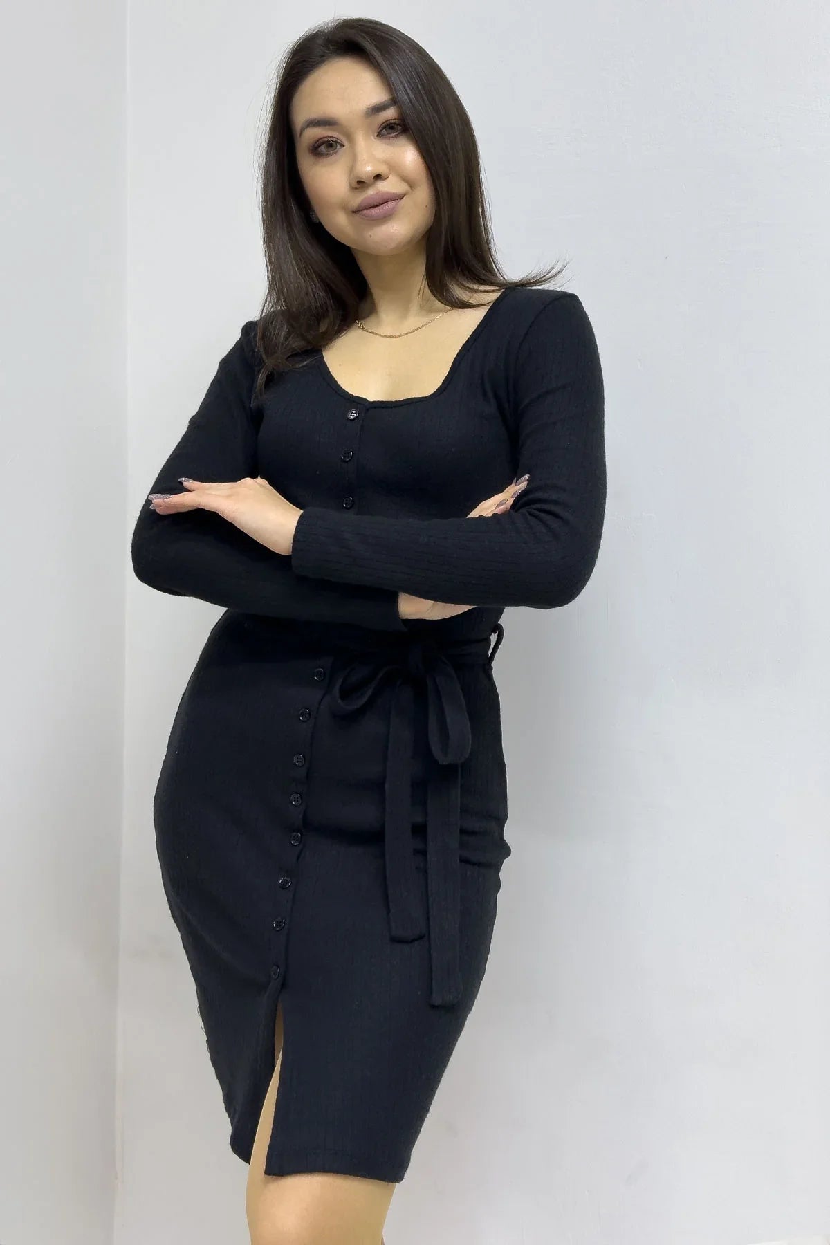 Kadın Siyah Kaşkorse Düğmeli Elbise

