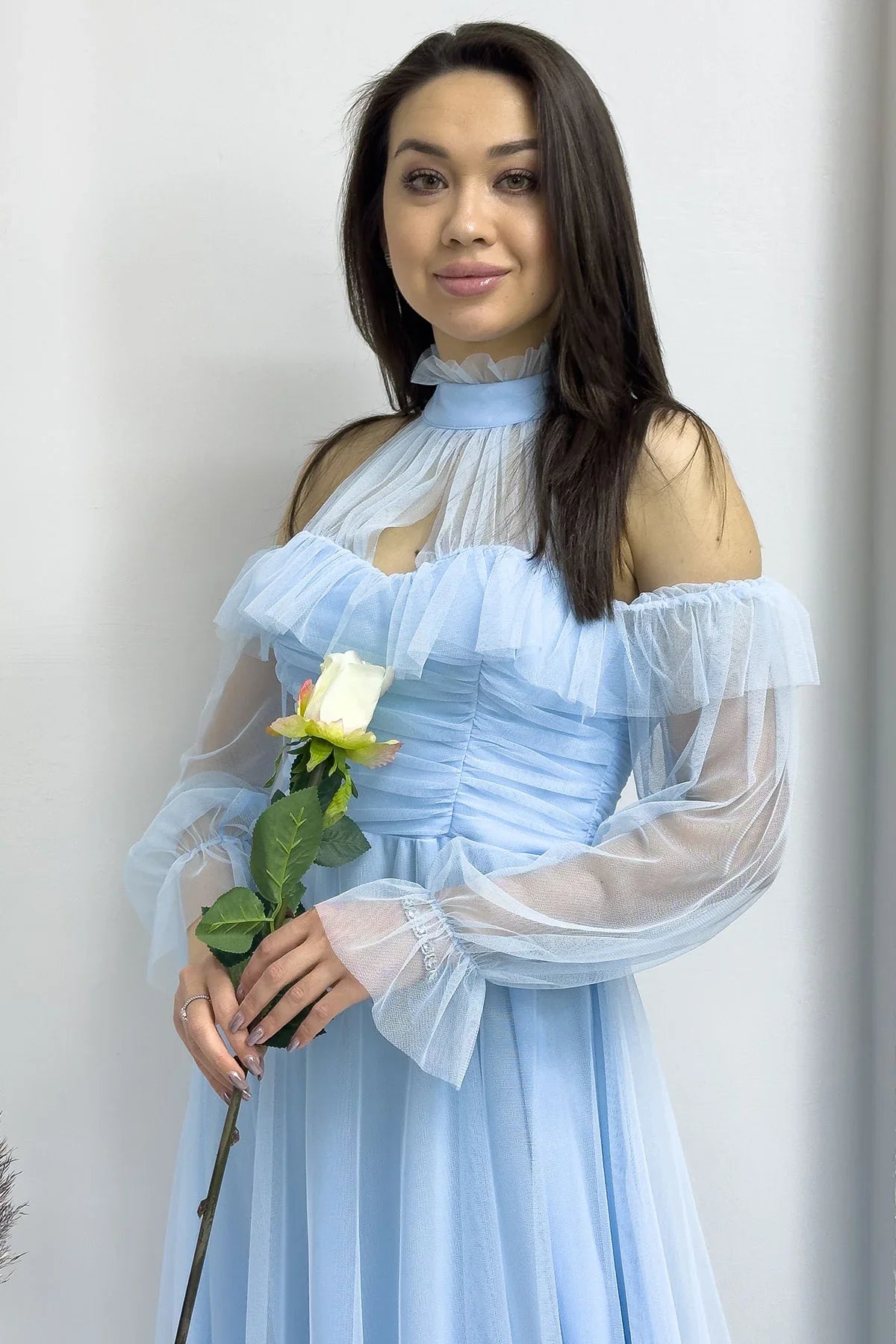 Bebe Mavisi Tül Drapeli Kloş Abiye