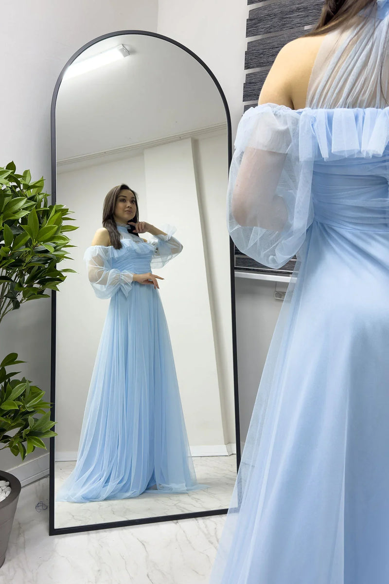 Bebe Mavisi Tül Drapeli Kloş Abiye