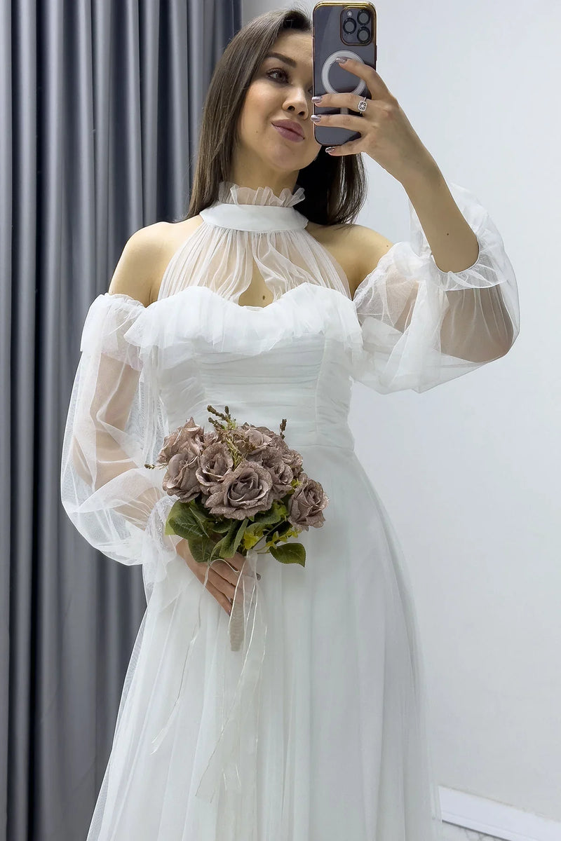 Beyaz Tül Drapeli Kloş Abiye