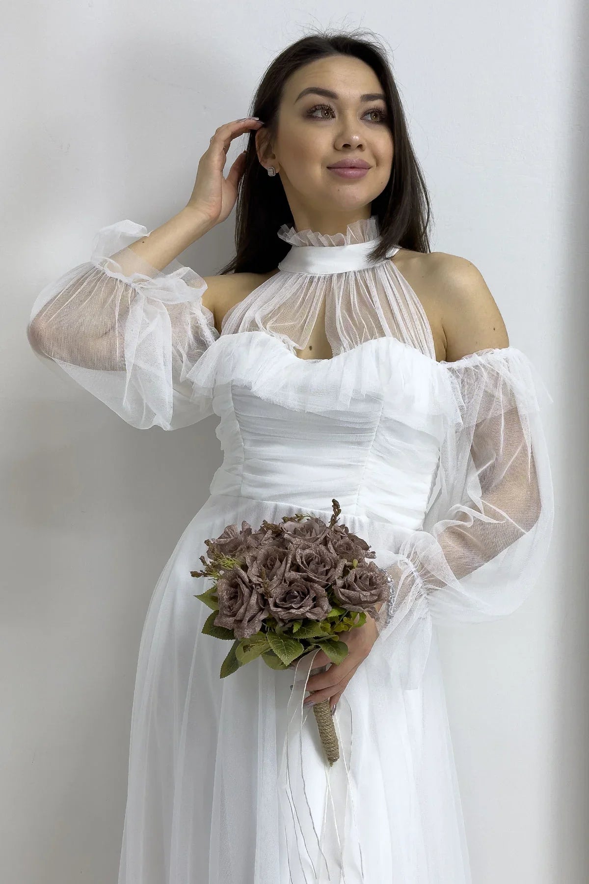 Beyaz Tül Drapeli Kloş Abiye