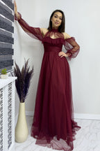 Bordo Tül Drapeli Kloş Abiye