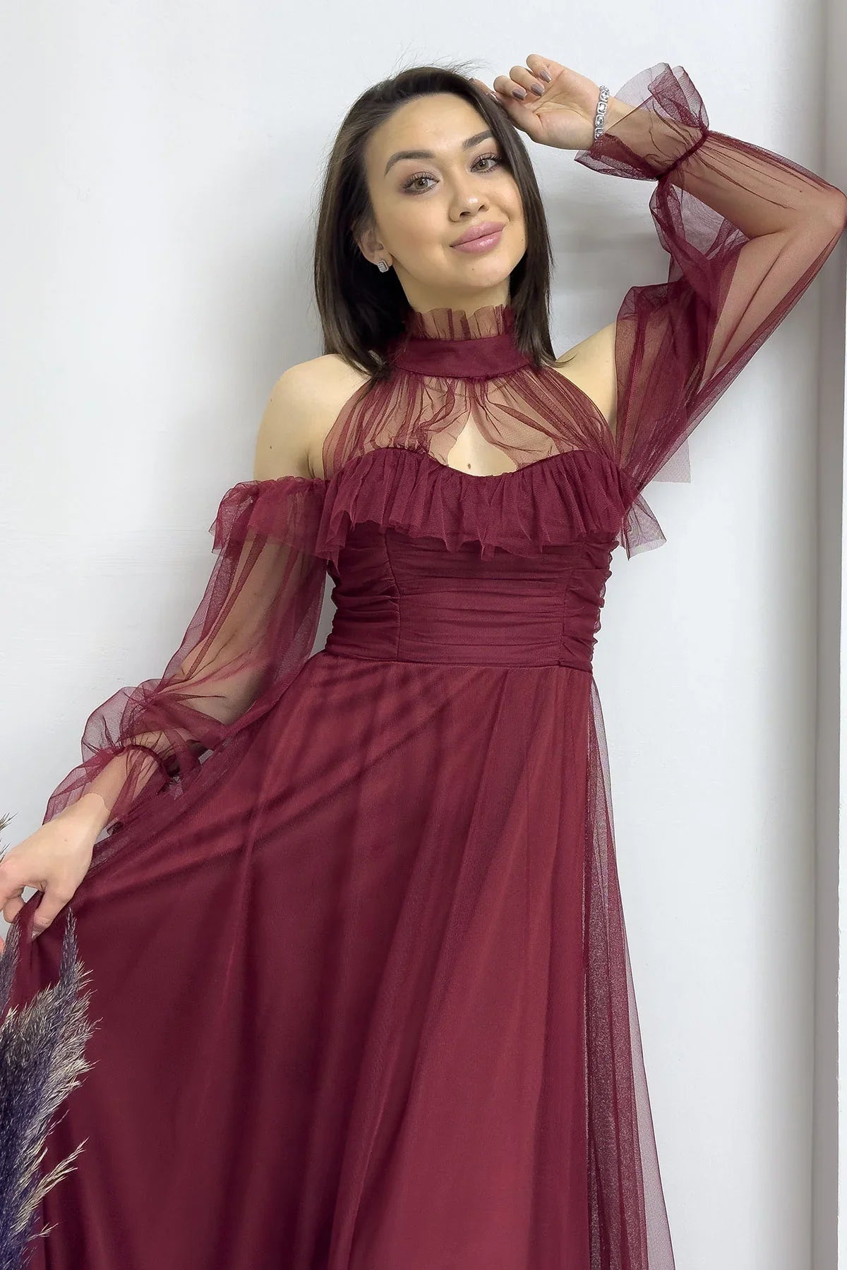 Bordo Tül Drapeli Kloş Abiye