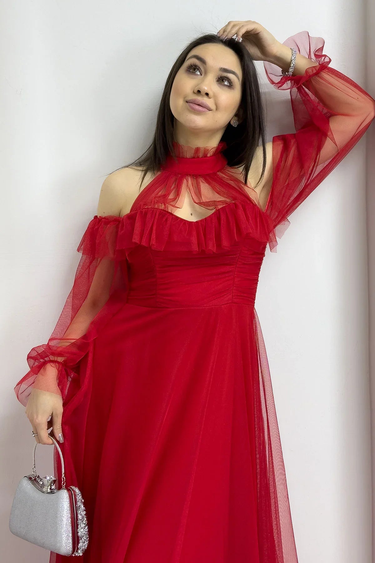 Kırmızı Tül Drapeli Kloş Abiye