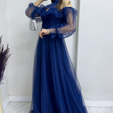 Lacivert Tül Drapeli Kloş Abiye