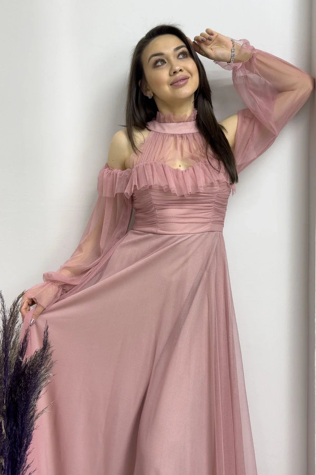 Pudra Tül Drapeli Kloş Abiye