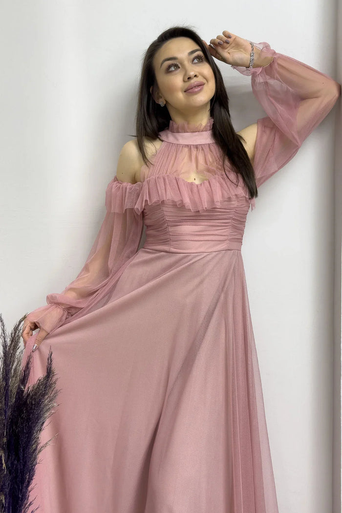 Pudra Tül Drapeli Kloş Abiye