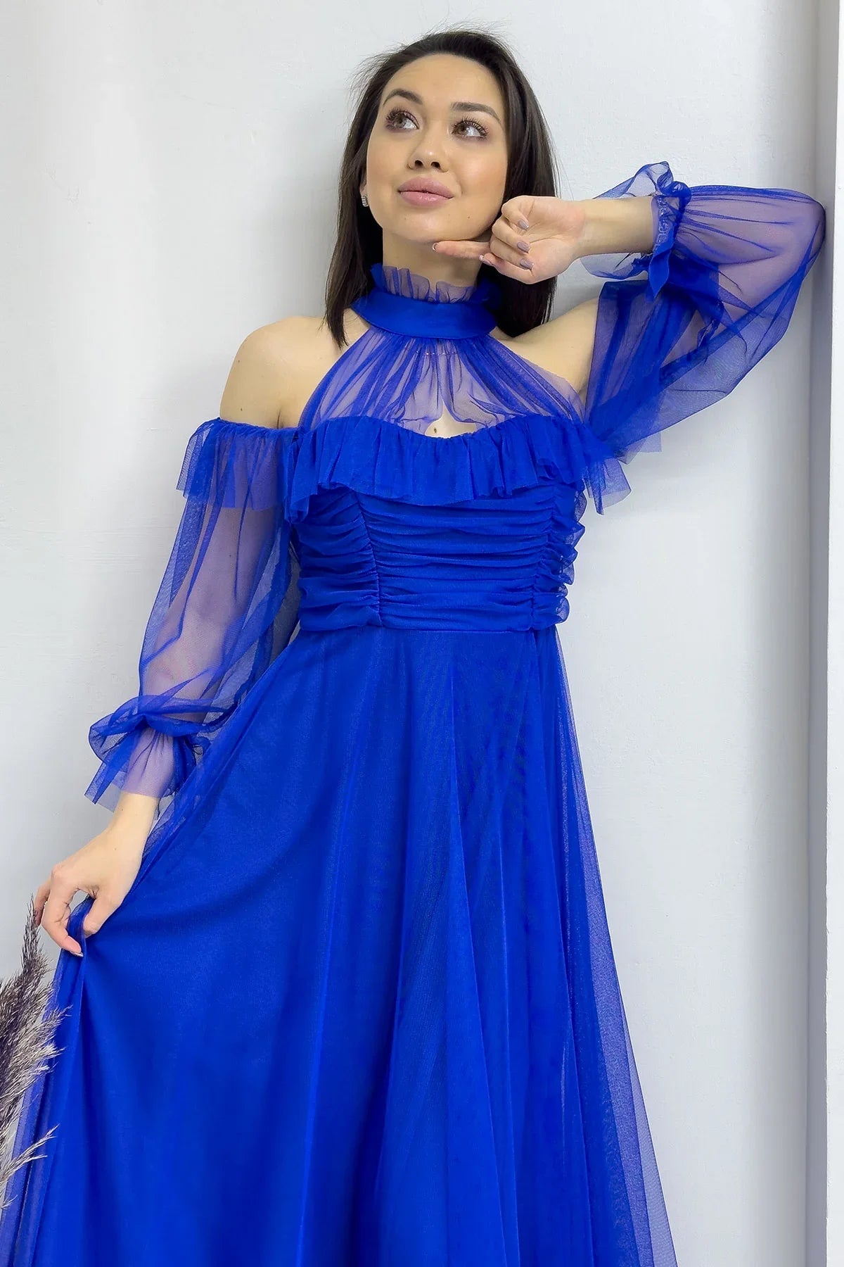 Saks Tül Drapeli Kloş Abiye